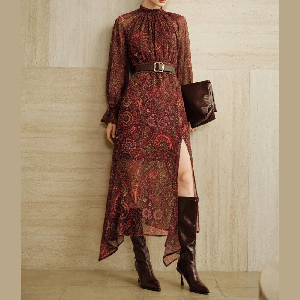 Brown Paisley Print Chiffon Stand Collar Long Sleeve High Slit Midi Dress
